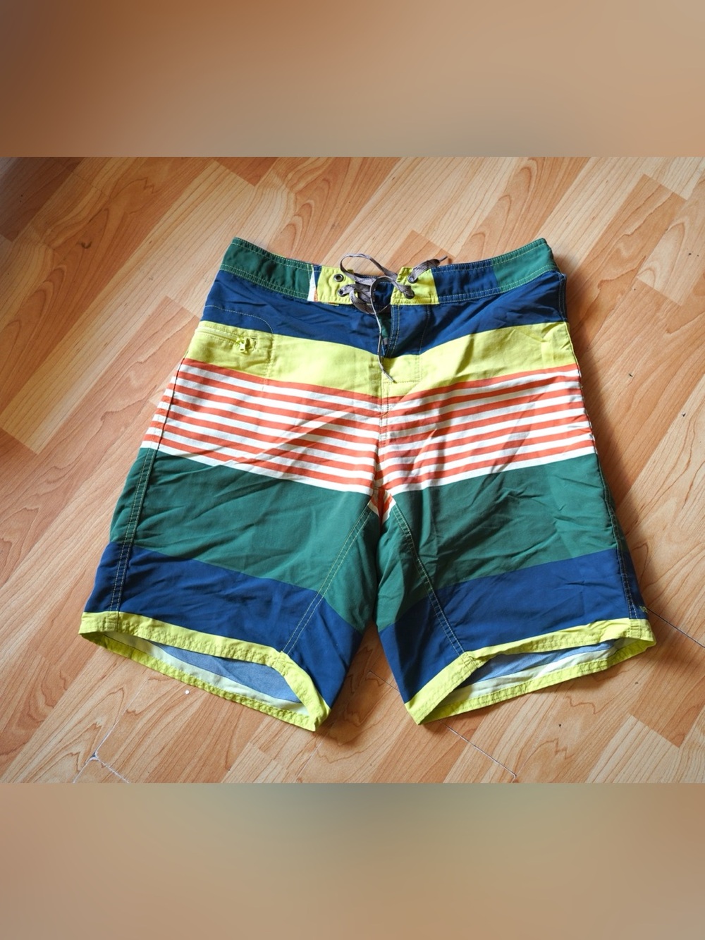 Patagonia  Boardshorts Mens 31 Green Orange Stripe Stretch Wavefarer Swim Trunks
